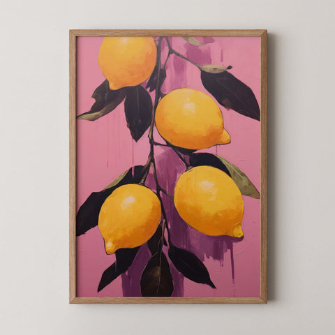 Botanical wall art print titled Zest Rebellion showing lemons on branches with bright colours.